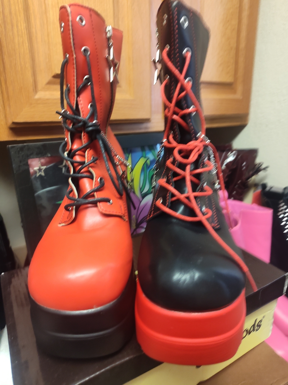 Platform Lace-Up Combat Boots in Red and Black, Two Tone, Euro Size 41 (Usa 11)
